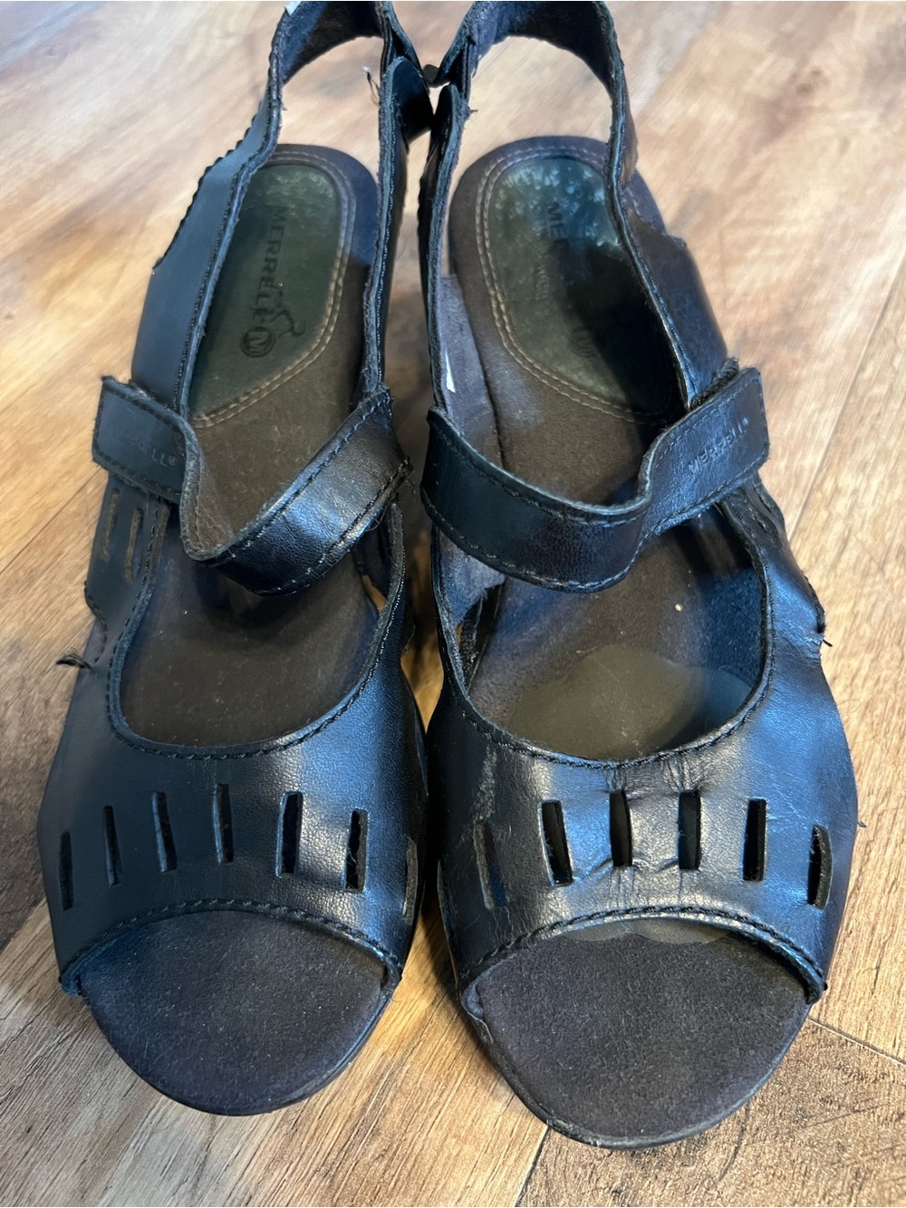Merrell Black Leather Open-Toe Slingback Sandals with Cutouts